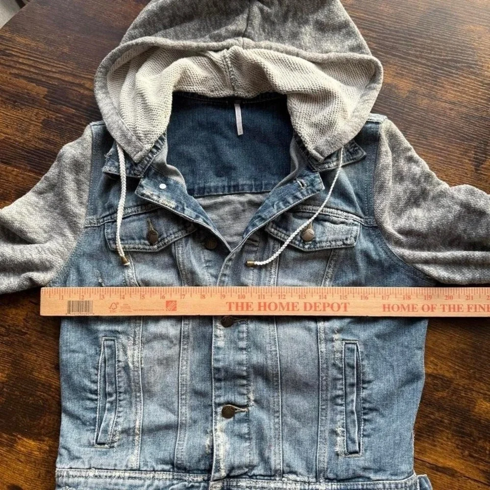 Free People Denim Hoodie Jacket Distressed Blue Gray Layered Small